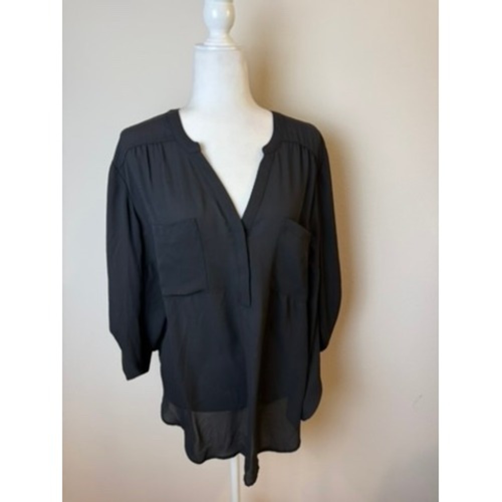 Womens Harper Black V-Neck Roll Tab Sleeve Tunic Blouse Sheer Chiffon Career Top